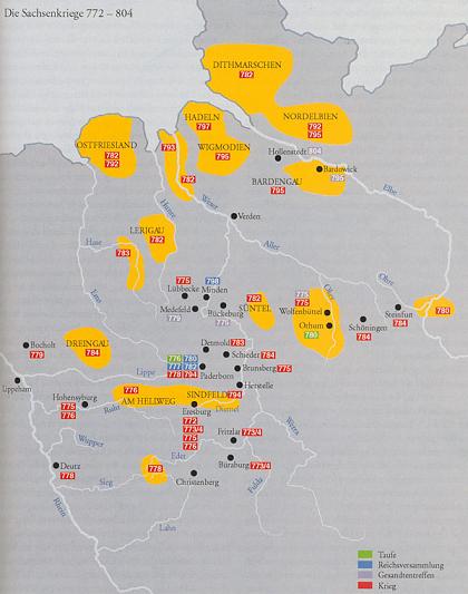 Karte der Schauplätze der Sachsenkriege